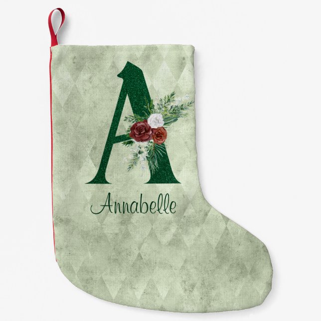 Winter Floral Illustrated Letter A Personalized Small Christmas Stocking (Front)