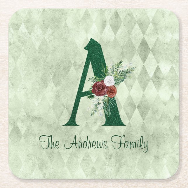 Winter Floral Illustrated Letter A Personalized  Square Paper Coaster (Front)