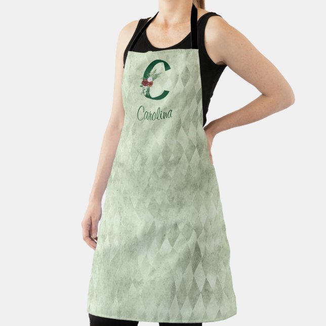 Winter Floral Illustrated Letter C Personalized  Apron (Insitu)