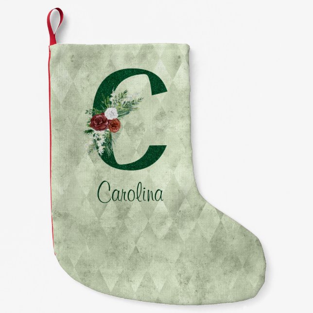 Winter Floral Illustrated Letter C Personalized   Small Christmas Stocking (Front)