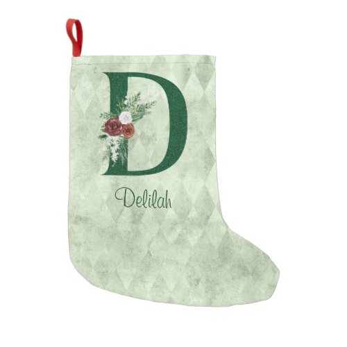 Winter Floral Illustrated Letter D Personalized  Small Christmas Stocking