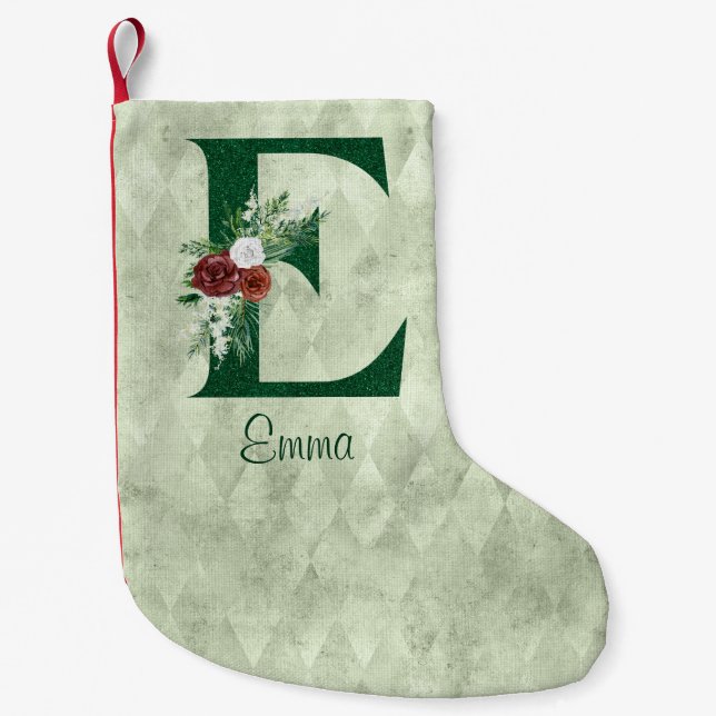 Winter Floral Illustrated Letter E Personalized  Small Christmas Stocking (Front)
