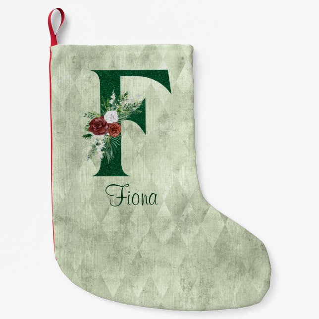 Winter Floral Illustrated Letter F Personalized  Small Christmas Stocking (Front)
