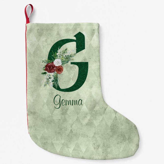 Winter Floral Illustrated Letter G Personalized  Small Christmas Stocking (Front)