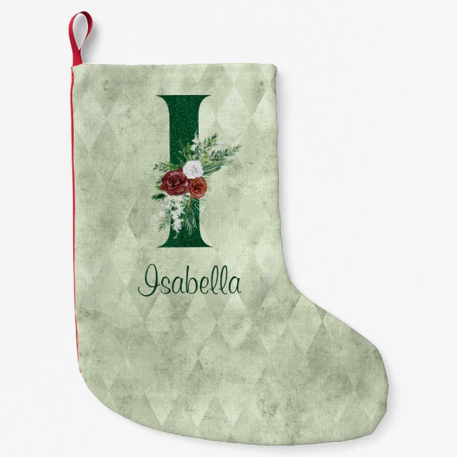 Winter Floral Illustrated Letter I Personalized  Small Christmas Stocking (Front)