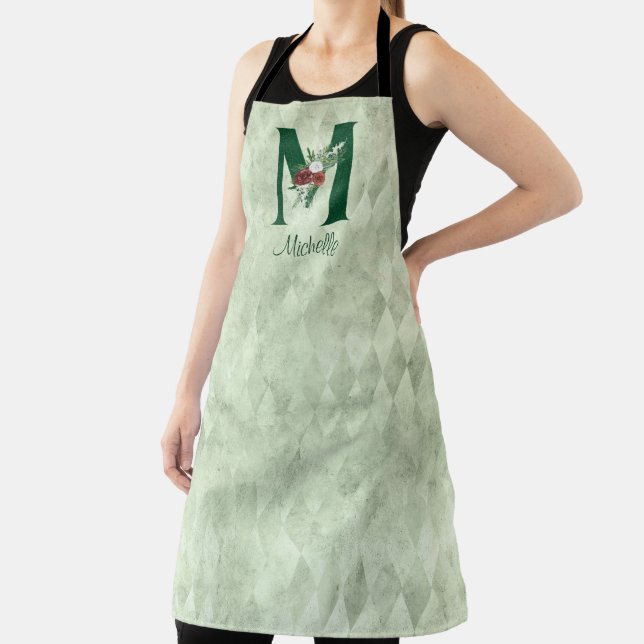 Winter Floral Illustrated Letter M Personalized  Apron (Insitu)