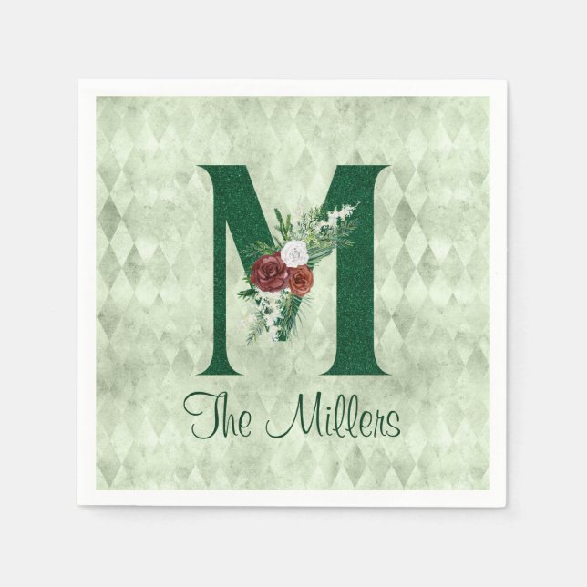 Winter Floral Illustrated Letter M Personalized  Napkins (Front)