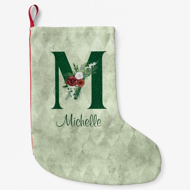 Winter Floral Illustrated Letter M Personalized Small Christmas Stocking (Front)