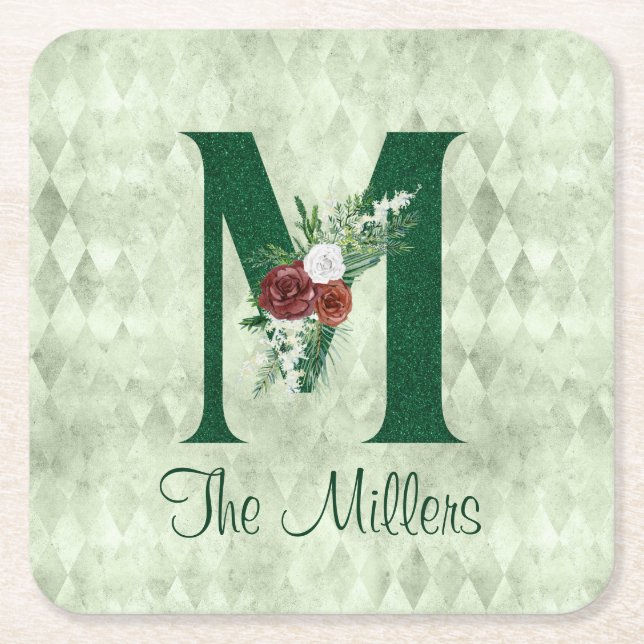 Winter Floral Illustrated Letter M Personalized  Square Paper Coaster (Front)