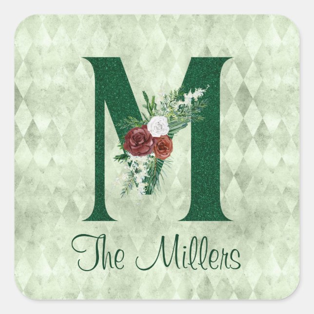 Winter Floral Illustrated Letter M Personalized   Square Sticker (Front)