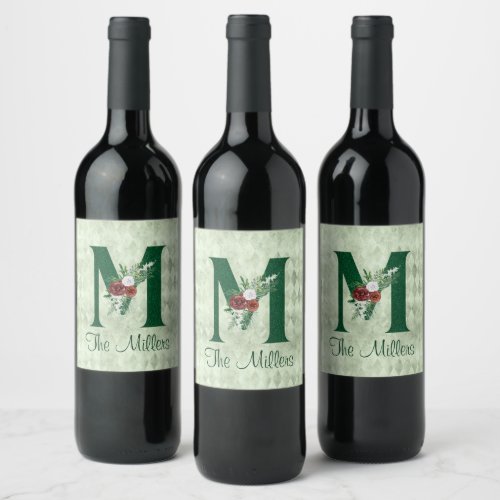 Winter Floral Illustrated Letter M Personalized  Wine Label