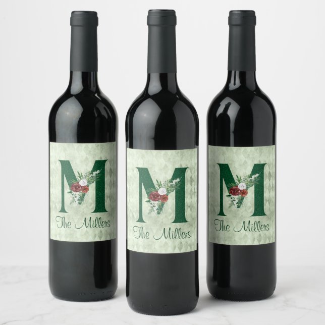 Winter Floral Illustrated Letter M Personalized  Wine Label (Bottles)