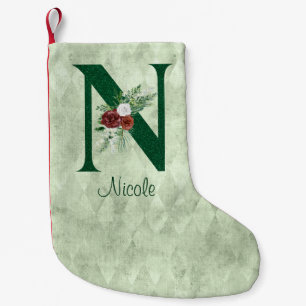 Winter Floral Illustrated Letter N Personalized Small Christmas Stocking