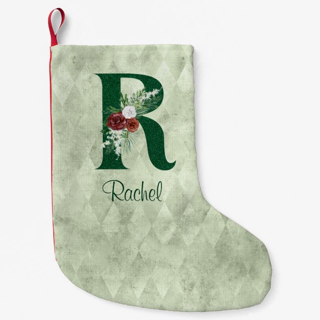 Winter Floral Illustrated Letter R Personalized  Small Christmas Stocking (Front)