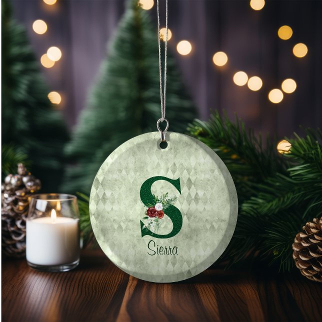 Winter Floral Illustrated Letter S  Personalized   Ceramic Ornament (Creator Uploaded)