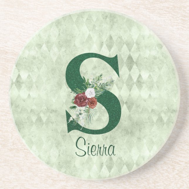 Winter Floral Illustrated Letter S  Personalized  Coaster (Front)