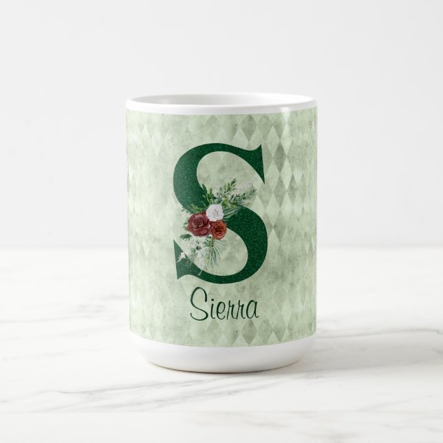 Winter Floral Illustrated Letter S  Personalized  Coffee Mug (Center)