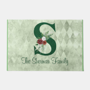 Winter Floral Illustrated Letter S Personalized Doormat