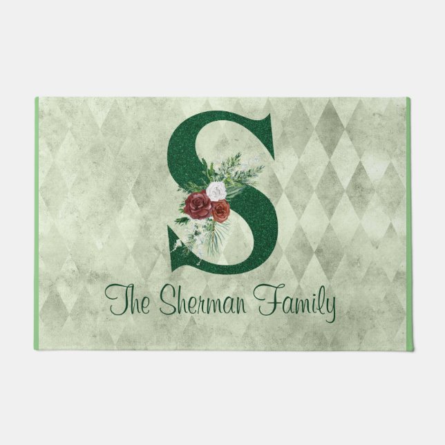 Winter Floral Illustrated Letter S  Personalized  Doormat (Front)