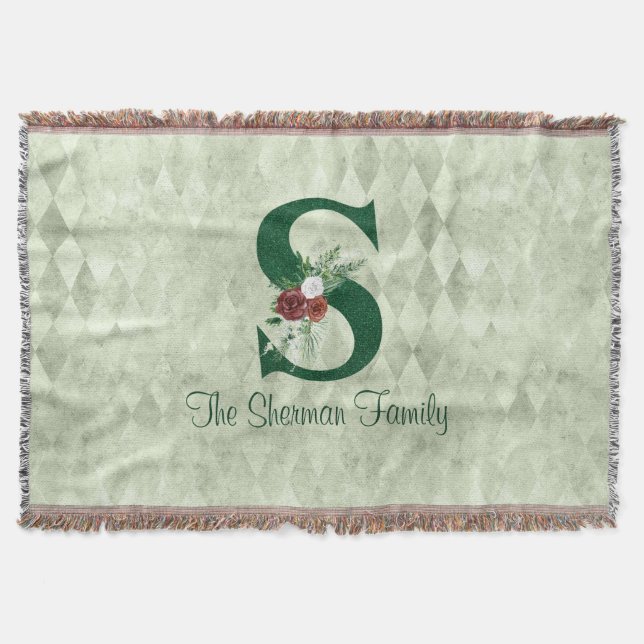 Winter Floral Illustrated Letter S  Personalized  Throw Blanket (Front)