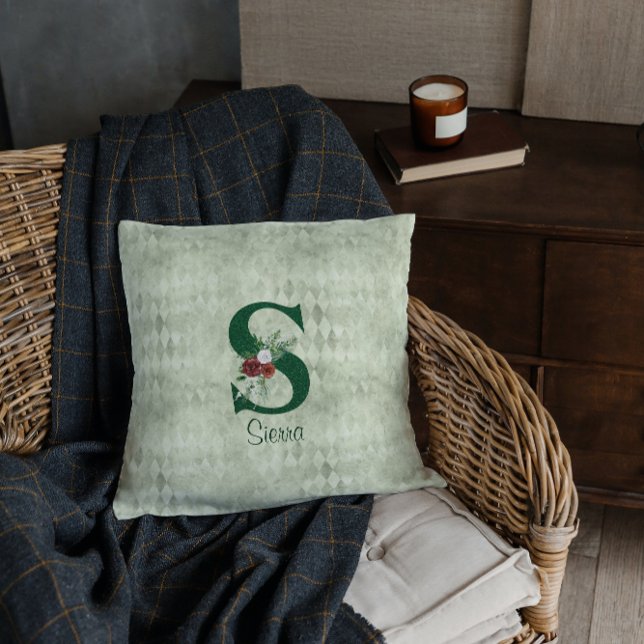 Winter Floral Illustrated Letter S  Personalized  Throw Pillow (Creator Uploaded)