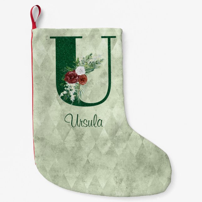 Winter Floral Illustrated Letter U Personalized  Small Christmas Stocking (Front)