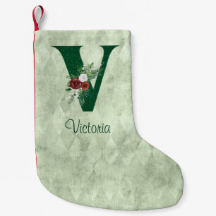 Winter Floral Illustrated Letter V Personalized Small Christmas Stocking