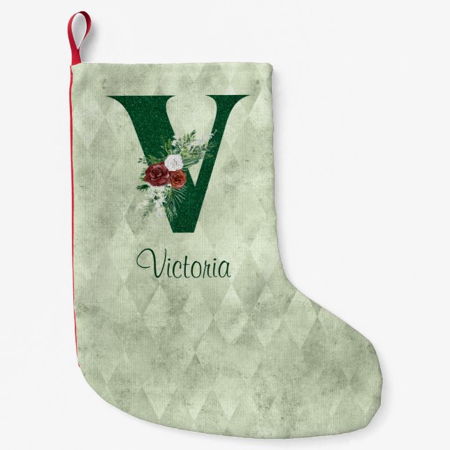 Winter Floral Illustrated Letter V Personalized  Small Christmas Stocking (Front)