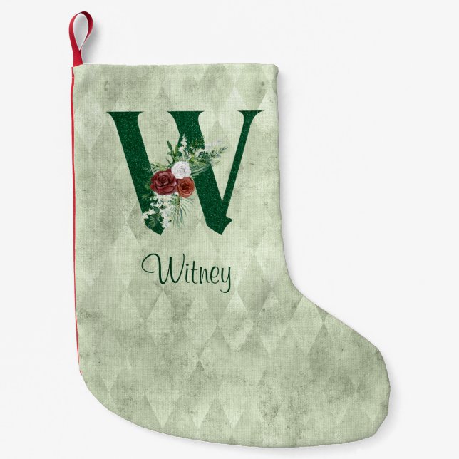 Winter Floral Illustrated Letter W Personalized  Small Christmas Stocking (Front)