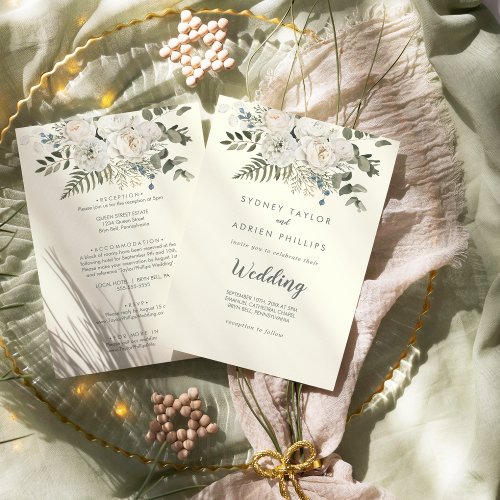 Winter Floral  Ivory Front and Back Wedding  Invitation