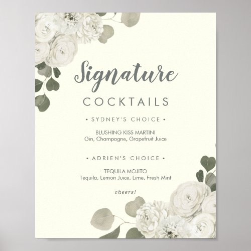 Winter Floral  Ivory Signature Cocktails Sign