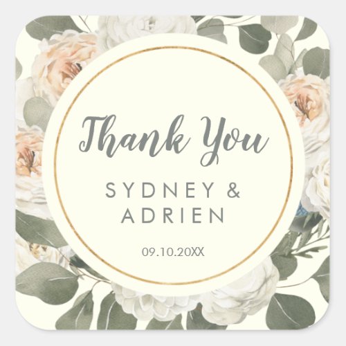 Winter Floral  Ivory Wedding Thank You Favor  Square Sticker