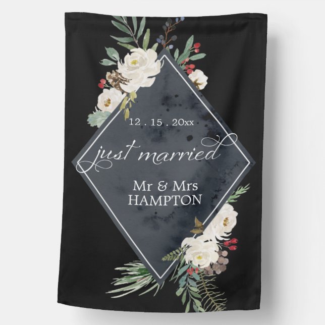 Winter Floral Just Married Wedding House Flag (Front)