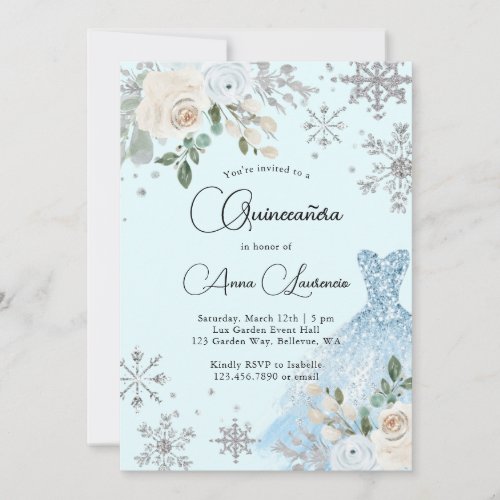 Winter Floral Light Blue And Silver Quinceanera Invitation