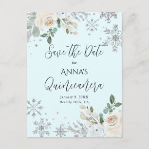 Winter Floral Light Blue Quinceanera Save The Date Postcard