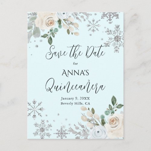 Winter Floral Light Blue Quinceanera Save The Date Postcard