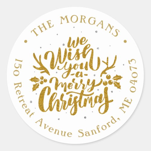 Winter Floral Merry Christmas Holiday Address Classic Round Sticker