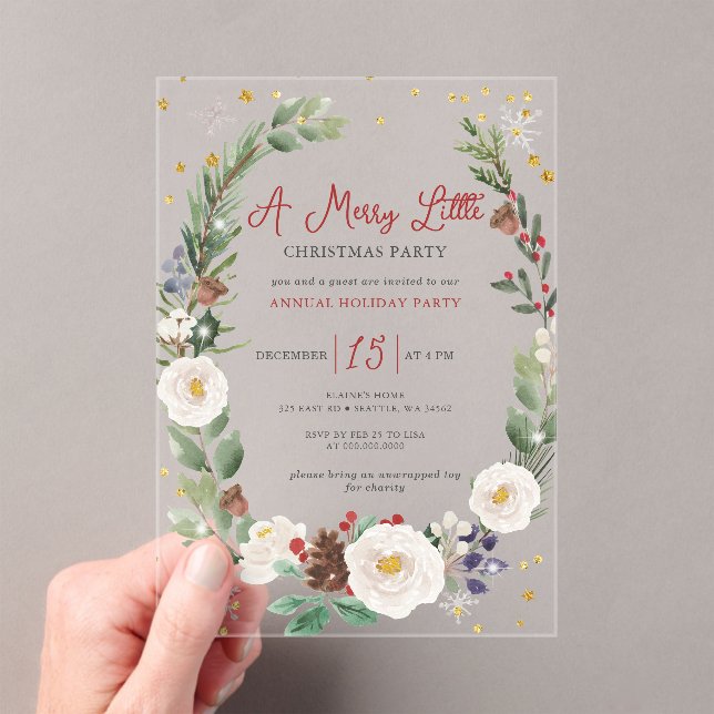 Winter Floral Merry Little Christmas Party Acrylic Invitations (Insitu (Handheld))