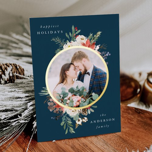  Winter Floral Navy and Gold Circle Photo Foil Holiday Card