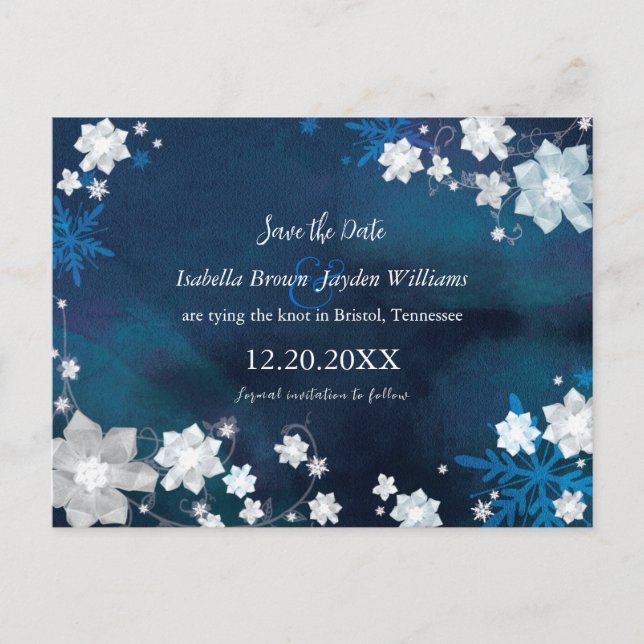 Winter Floral Navy Blue Wedding Save the Date Announcement Postcard (Front)