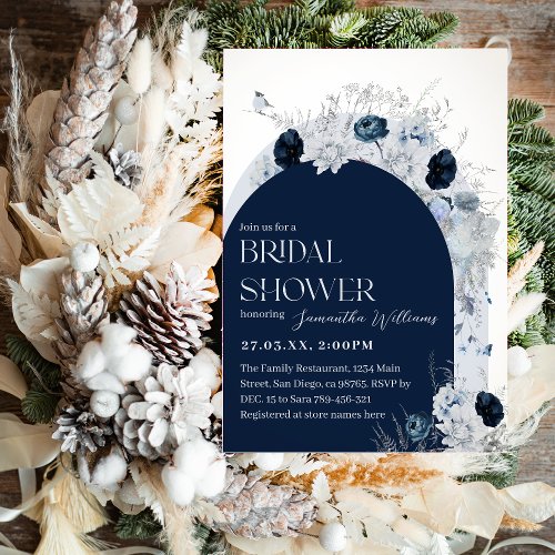 Winter Floral Navy Blue Wildflower Boho Bridal Invitation