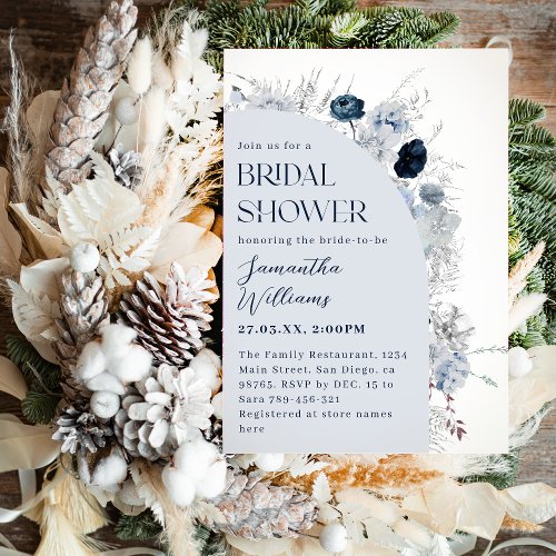 Winter Floral Navy Blue Wildflower Boho Bridal Invitation