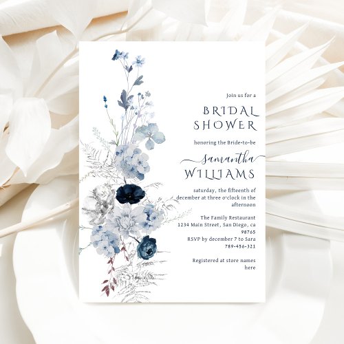 Winter Floral Navy Blue Wildflower Bridal Invitation