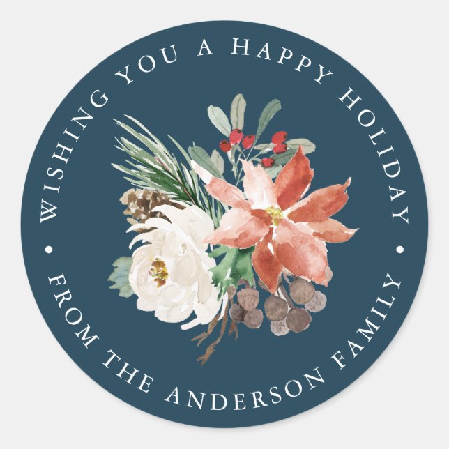 Winter Floral | Navy Holiday Classic Round Sticker (Front)