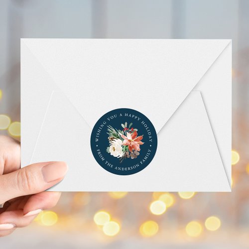 Winter Floral Navy Holiday Classic Round Sticker