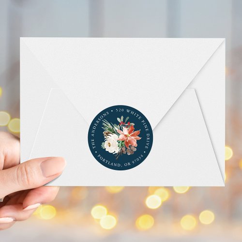 Winter Floral Navy Holiday Return Address Labels