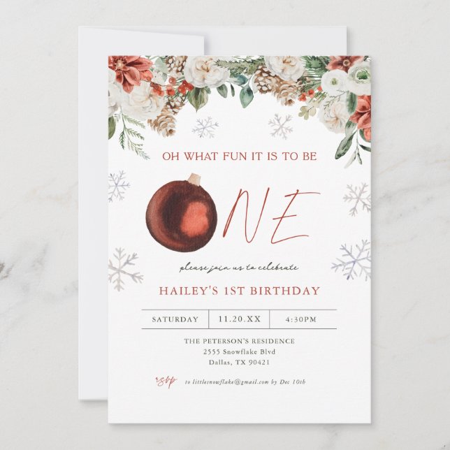 Winter Floral Oh What Fun Girl 1st Birthday Party  Invitation (Front)