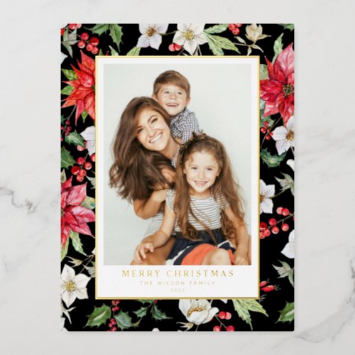 Winter Floral Pattern Black Christmas Photo Foil Holiday Postcard