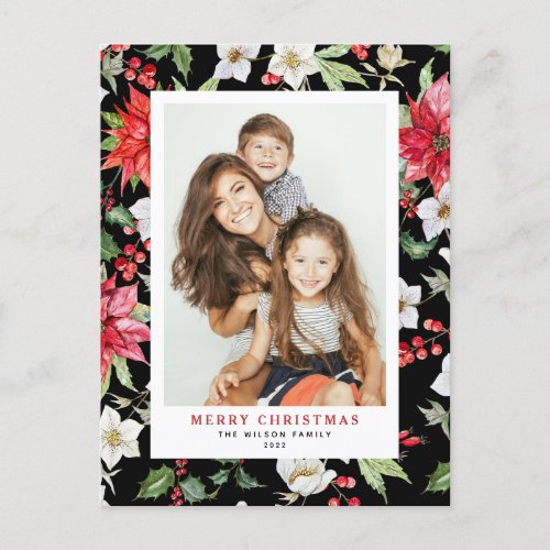 Winter Floral Pattern Black Christmas Photo Holiday Postcard