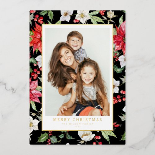 Winter Floral Pattern Black Merry Christmas Photo Foil Holiday Card